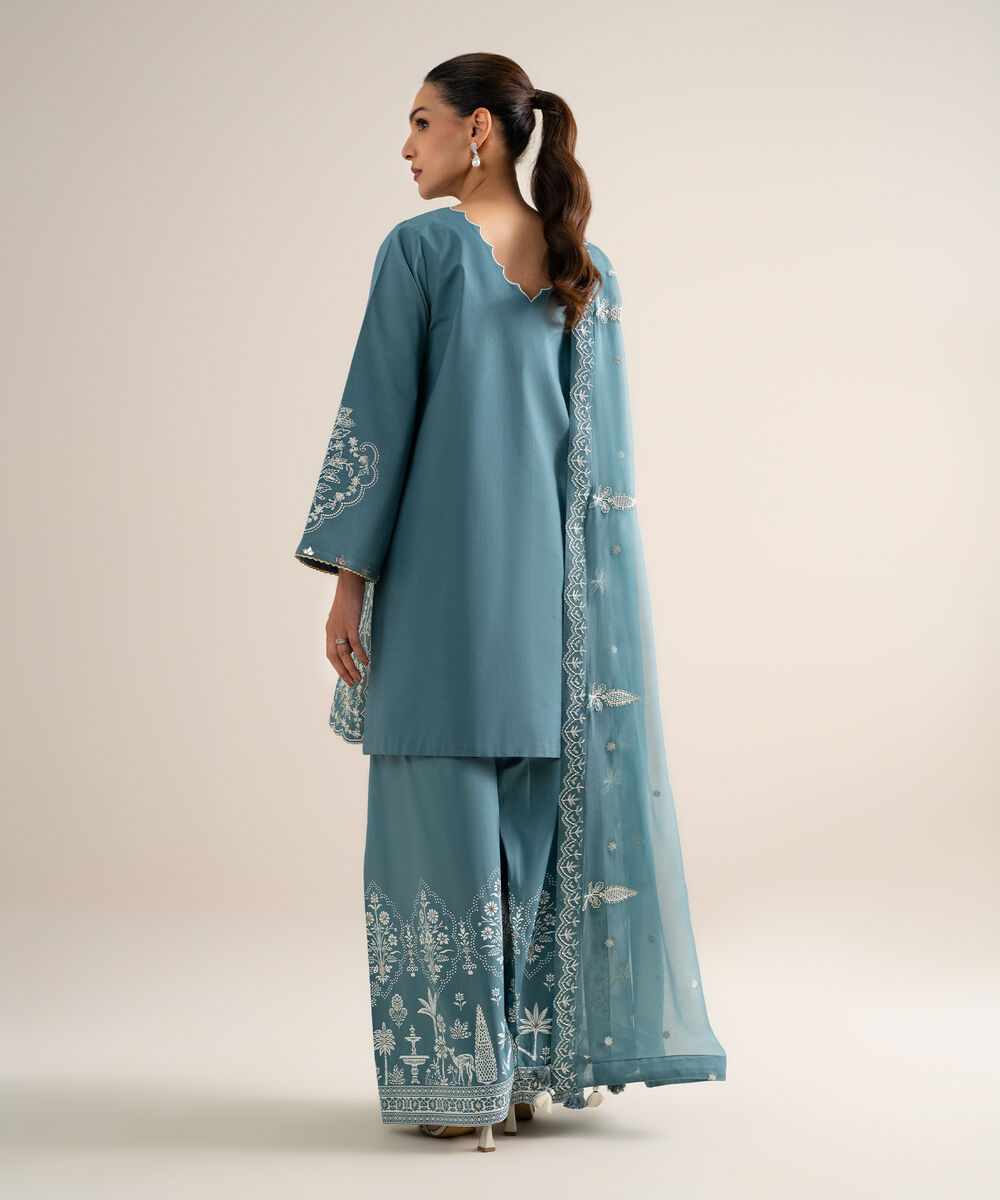 Women's Unstitched Slub Lawn Embroidered Blue  3 Piece Suit