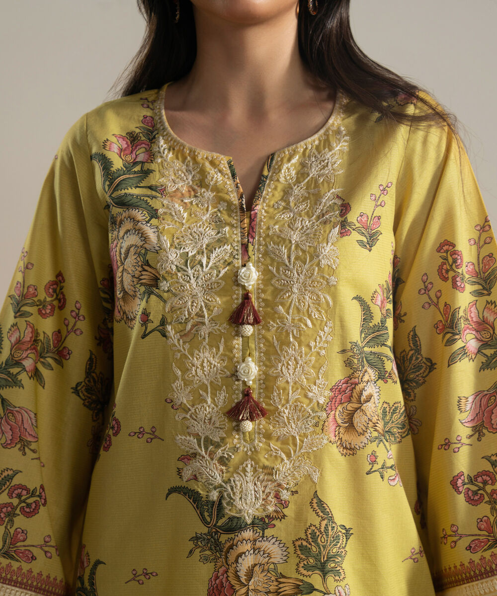 Women's RTW Zari Lawn Embroidered Yellow 3 Piece Suit