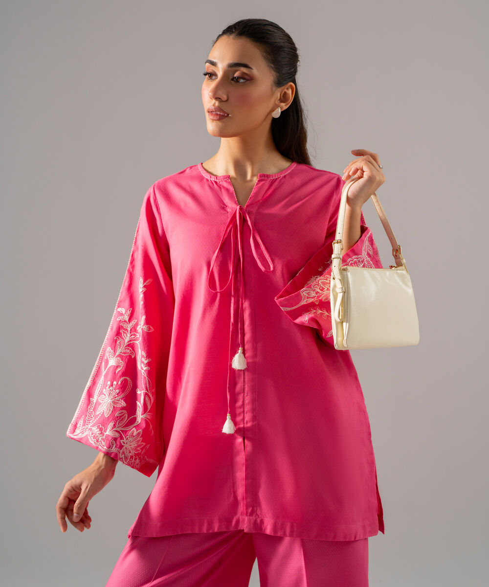Women's RTW Dobby Solid Embroidered Pink 2 Piece Suit