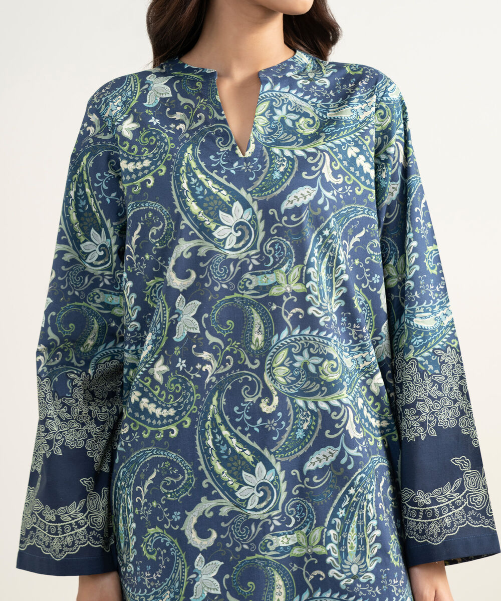 Women's RTW Cambric Printed Blue 3 Piece Suit