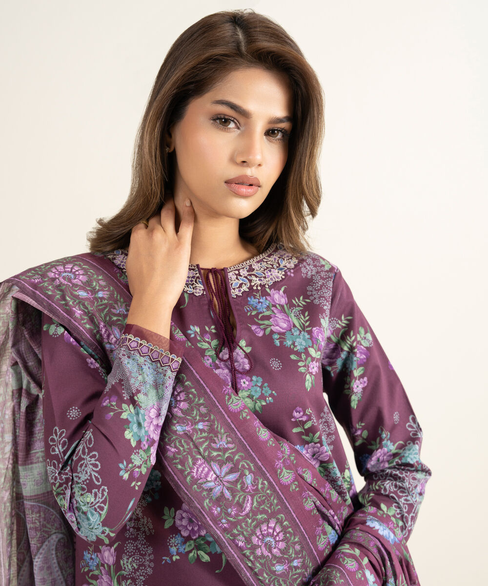 Women's Unstitched Lawn Embroidered Purple 3 Piece Suit