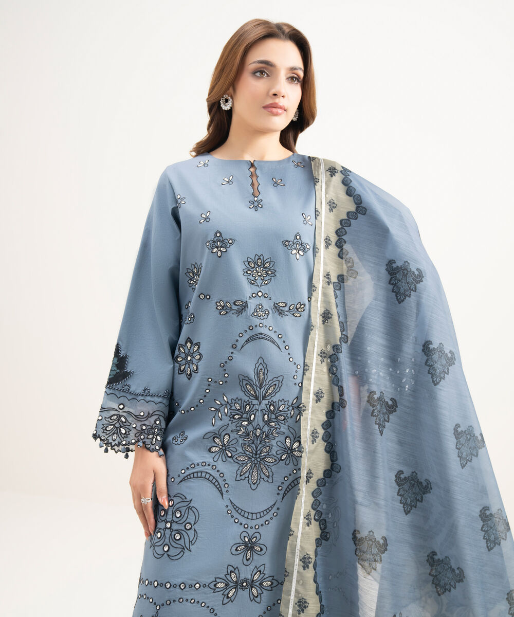 Women's Unstitched Textured Lawn Embroidered Grey 3 Piece Suit