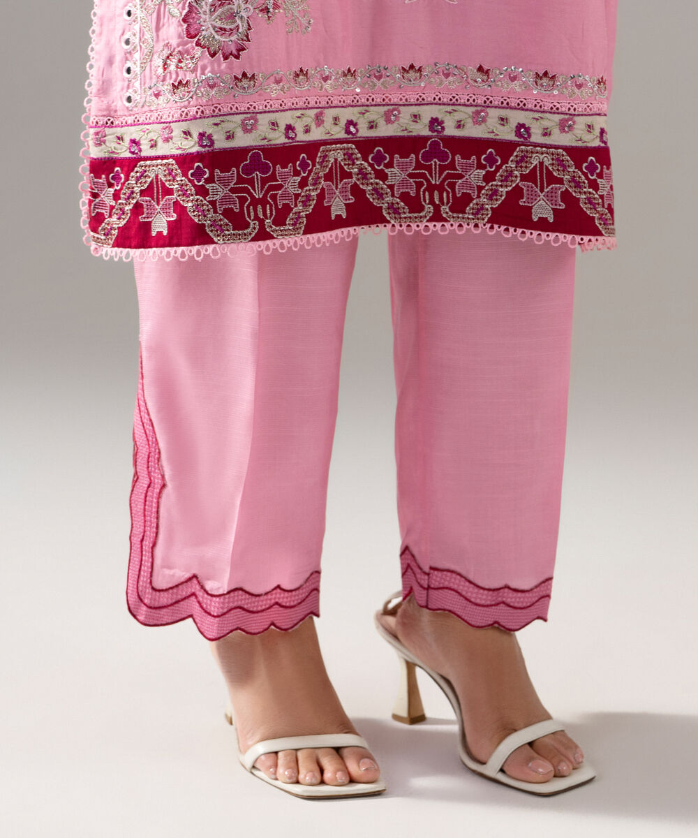 Women's RTW Raw Silk Solid Embroidered Pink 3 Piece Suit