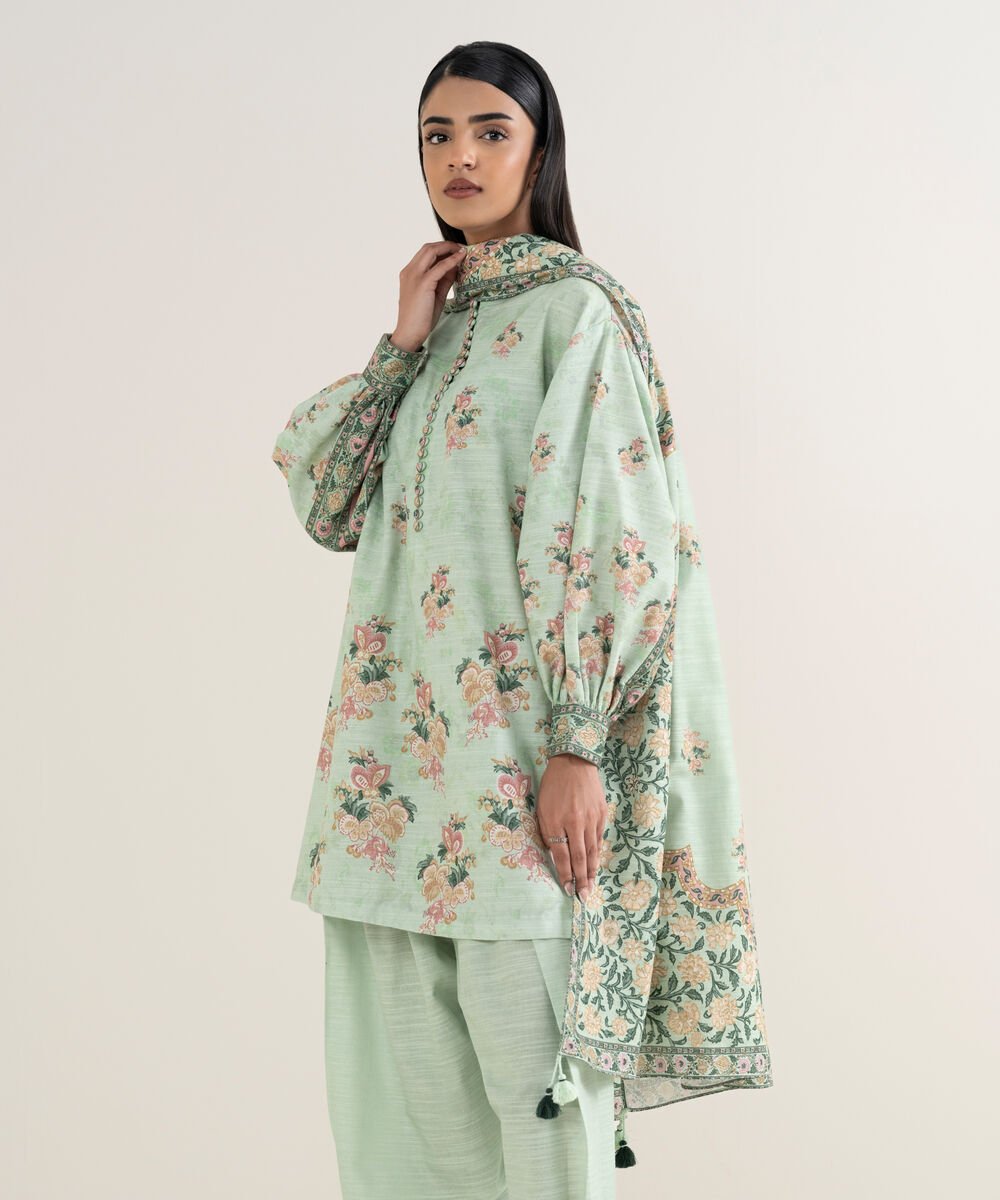 Women's Unstitched Printed Cotton Aqua 3 Piece Suit