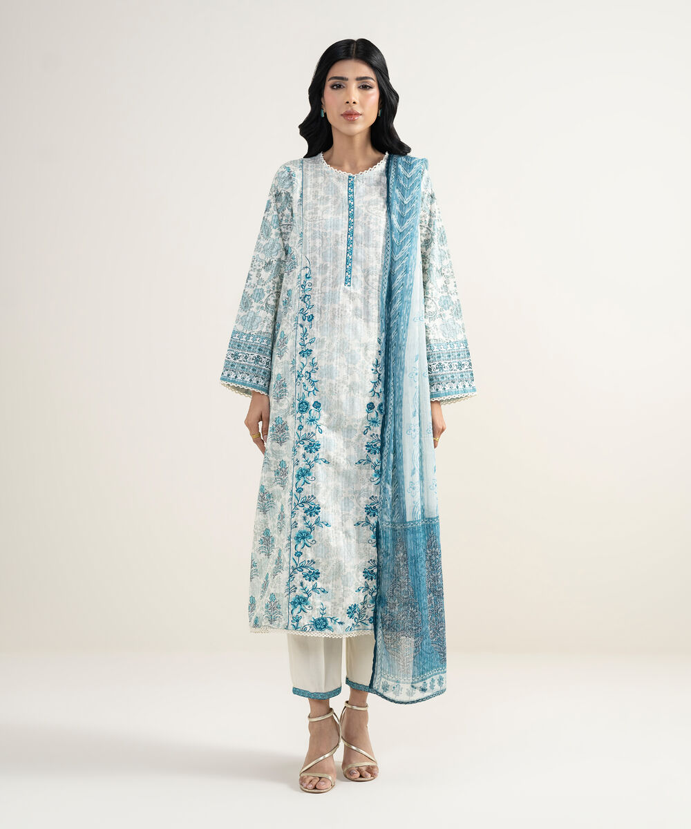 Women's RTW Dobby Embroidered Blue 3 Piece Suit