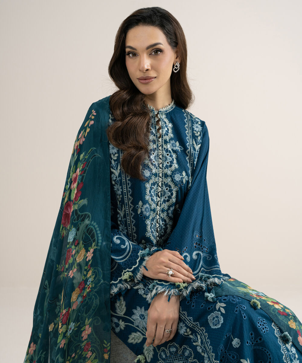 Women's Unstitched Embroidered Dobby Teal Green 3 Piece Suit