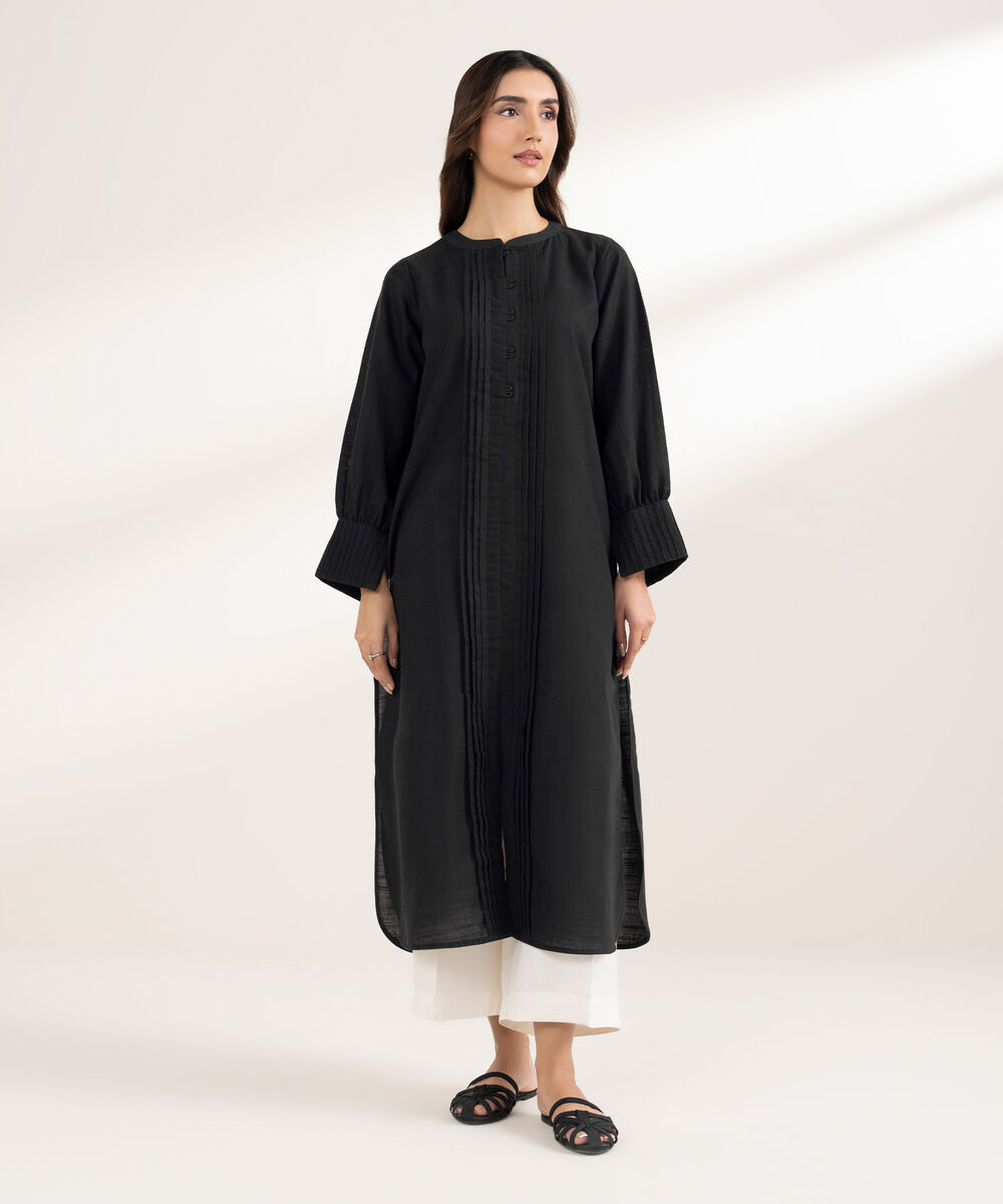 Women's RTW Khaddar Solid Straight Black Shirt