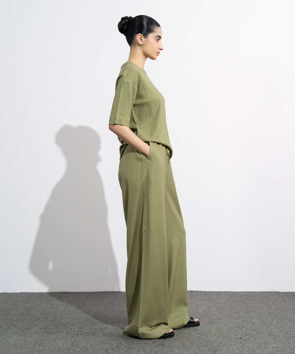 Women's Western Wear Green Seersucker Wide Leg Trousers