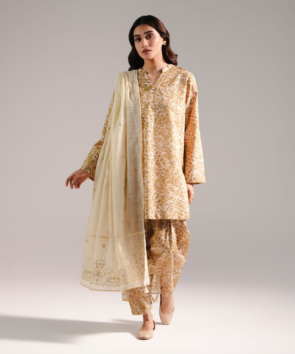 Women's RTW Zari Lawn Printed Beige 3 Piece Suit