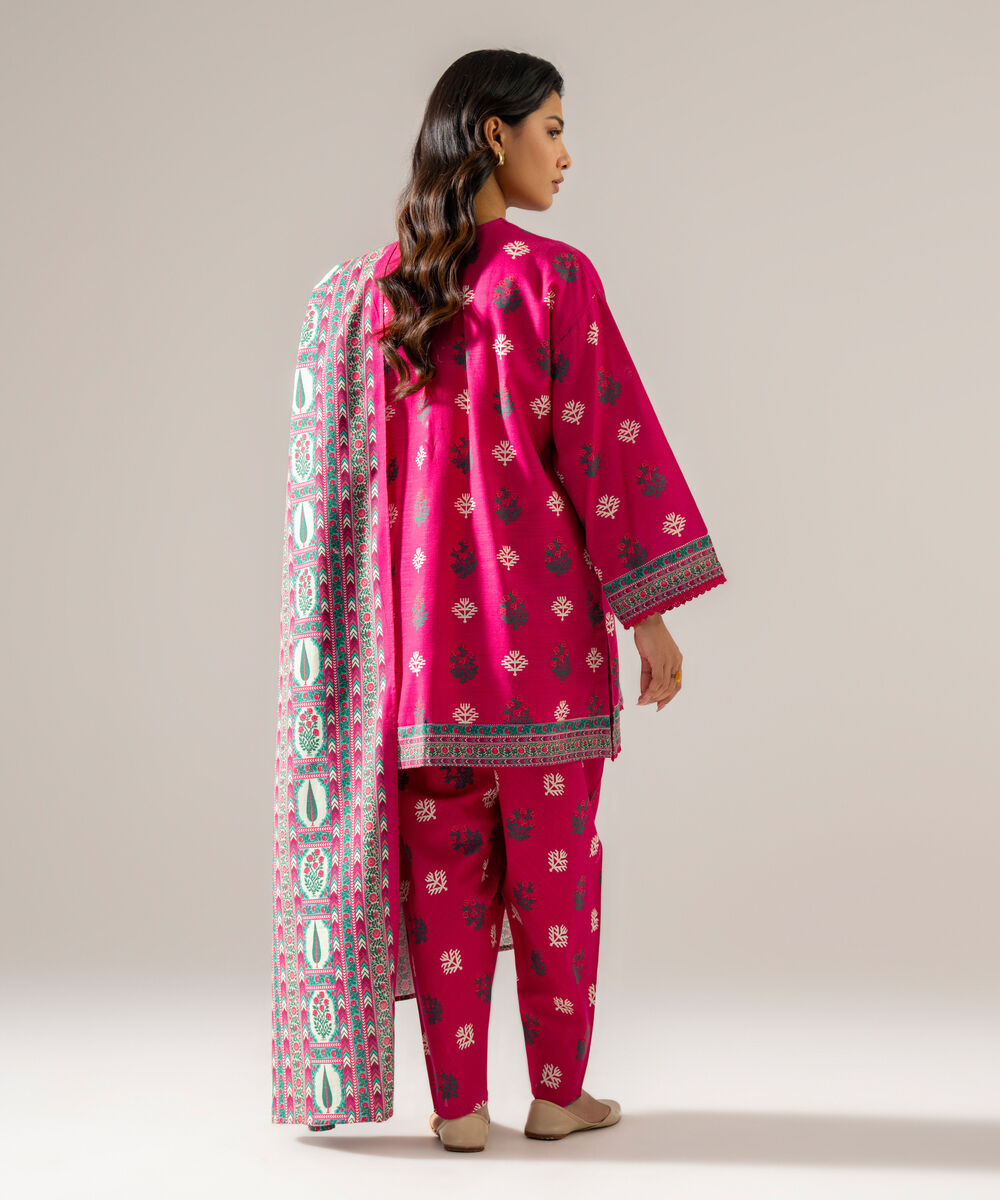 Women's RTW Khaddar Printed Pink 3 Piece Suit