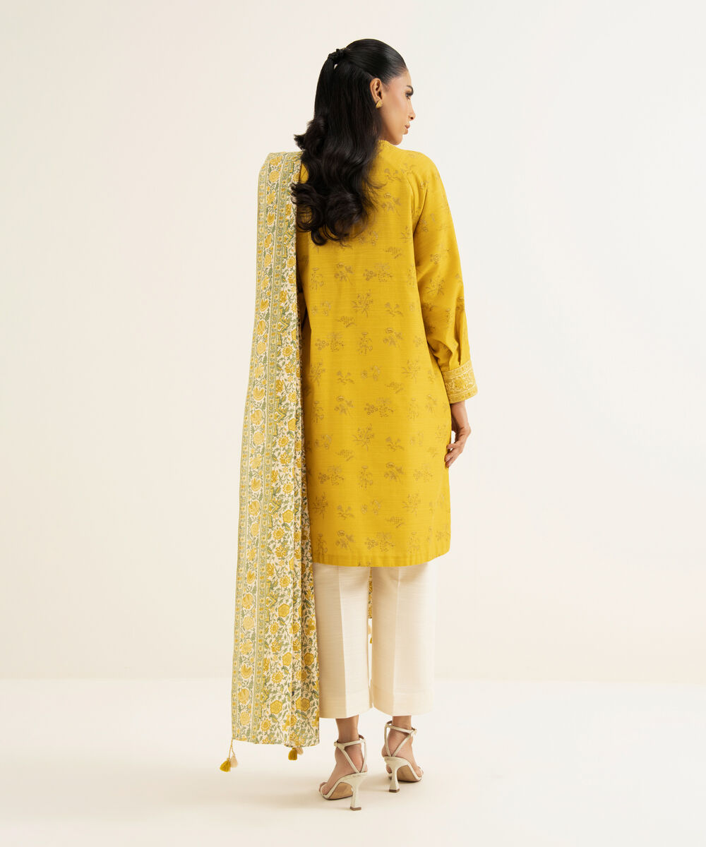 Women's Unstitched Cotton Embroidered Yellow 2 Piece Suit