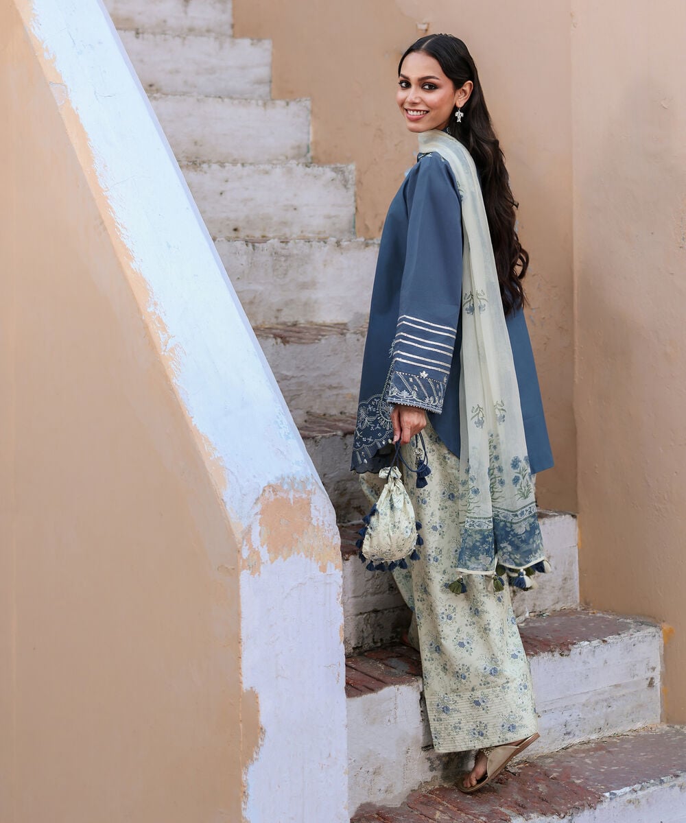 Women's Unstitched Textured Lawn Embroidered Blue 3 Piece Suit