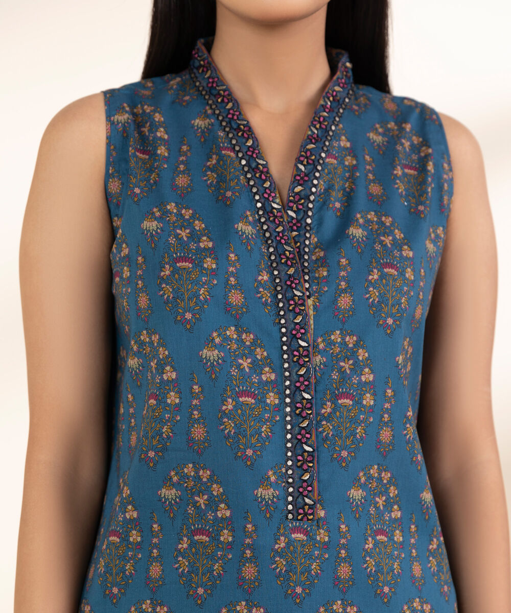 Women's Unstitched Lawn Embroidered Blue 3 Piece Suit