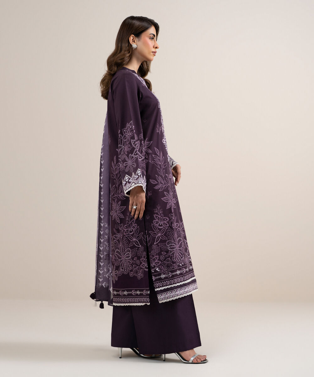 Women's Unstitched Lawn Embroidered Purple 3 Piece Suit