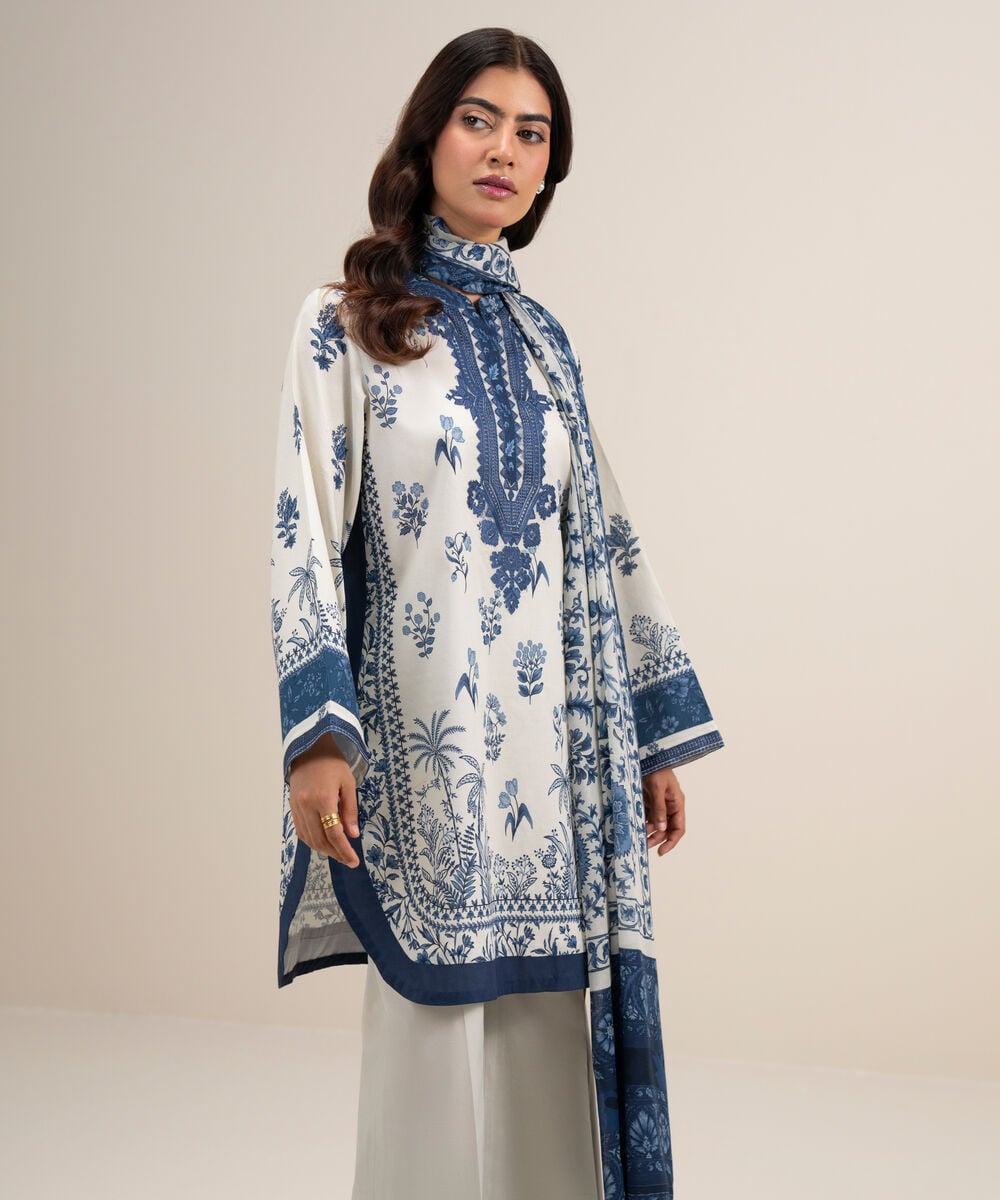 Women's Unstitched Lawn Embroidered Off White and Blue 3 Piece Suit