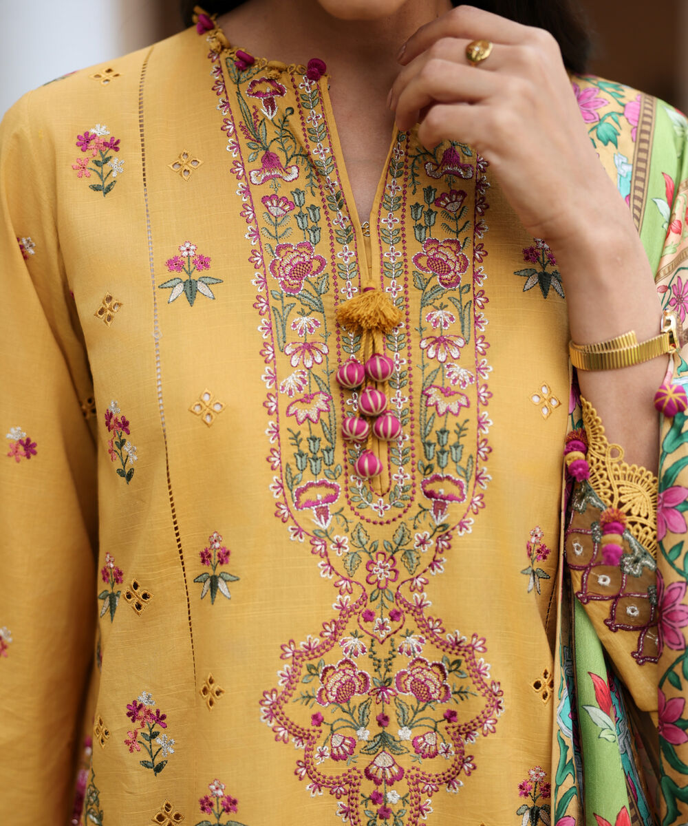 Women's Unstitched Textured Lawn Embroidered Yellow 3 Piece Suit