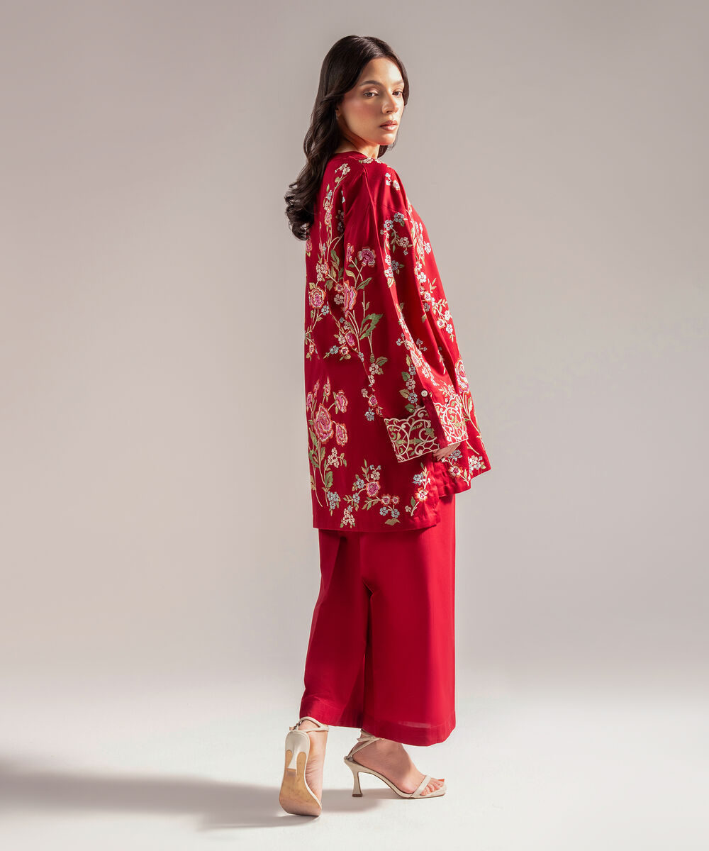 Women's RTW Cotton Satin Embroidered Maroon 2 Piece Suit