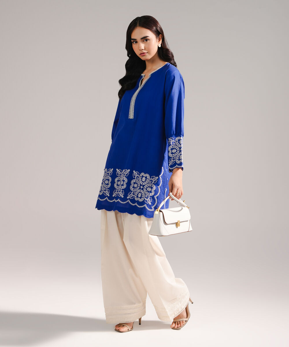 Women's RTW Slub Lawn Embroidered Dark Blue Straight Shirt
