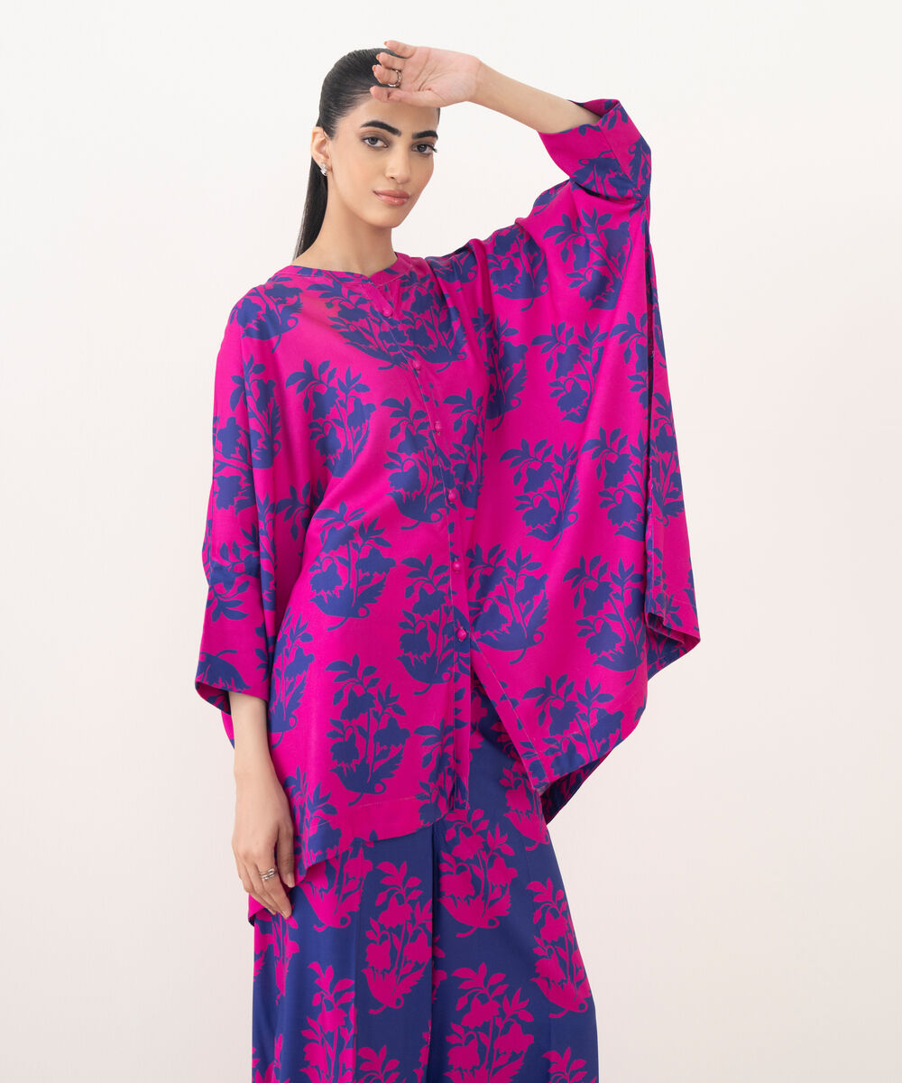 Women's RTW Viscose Linen Pink Printed Boxy Shirt