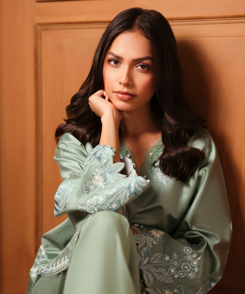 Women's RTW Silk Cotton Net Embroidered Green 2 Piece Suit