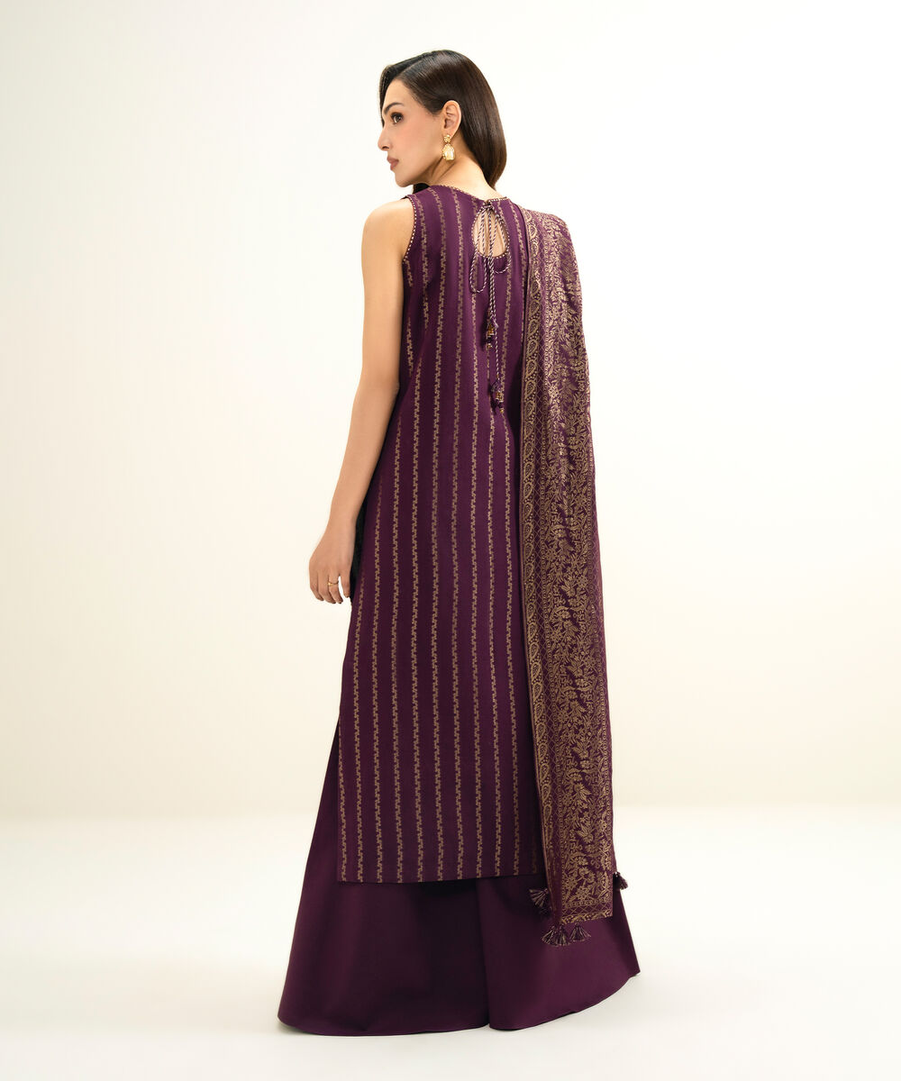 Women's Unstitched Extra Weft Jacquard Embroidered Purple 3 Piece Suit