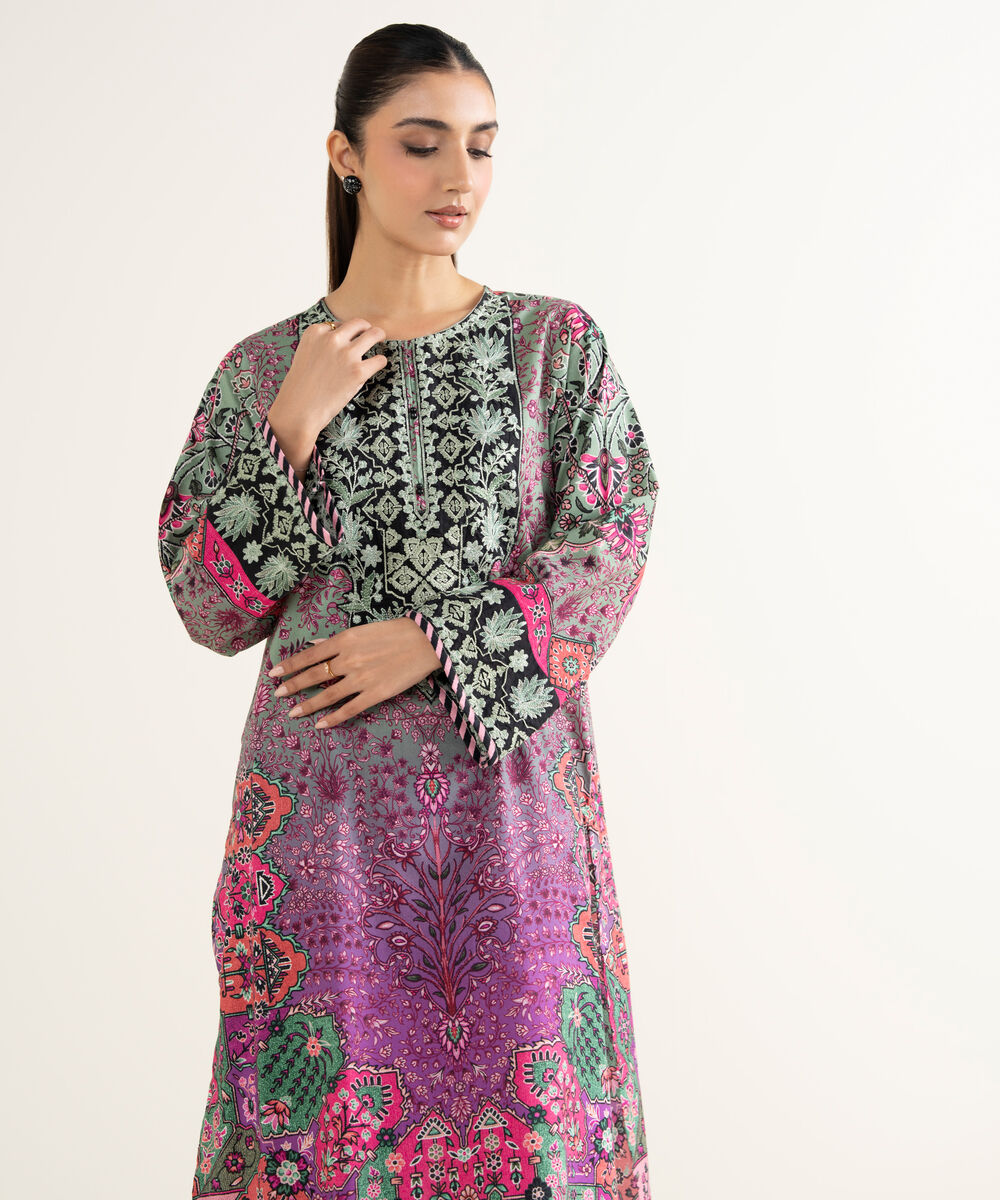 Women's RTW Linen Viscose Embroidered Green A-Line Shirt