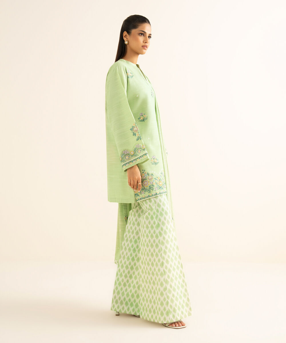 Women's Unstitched Khaddar Embroidered Green 3 Piece Suit