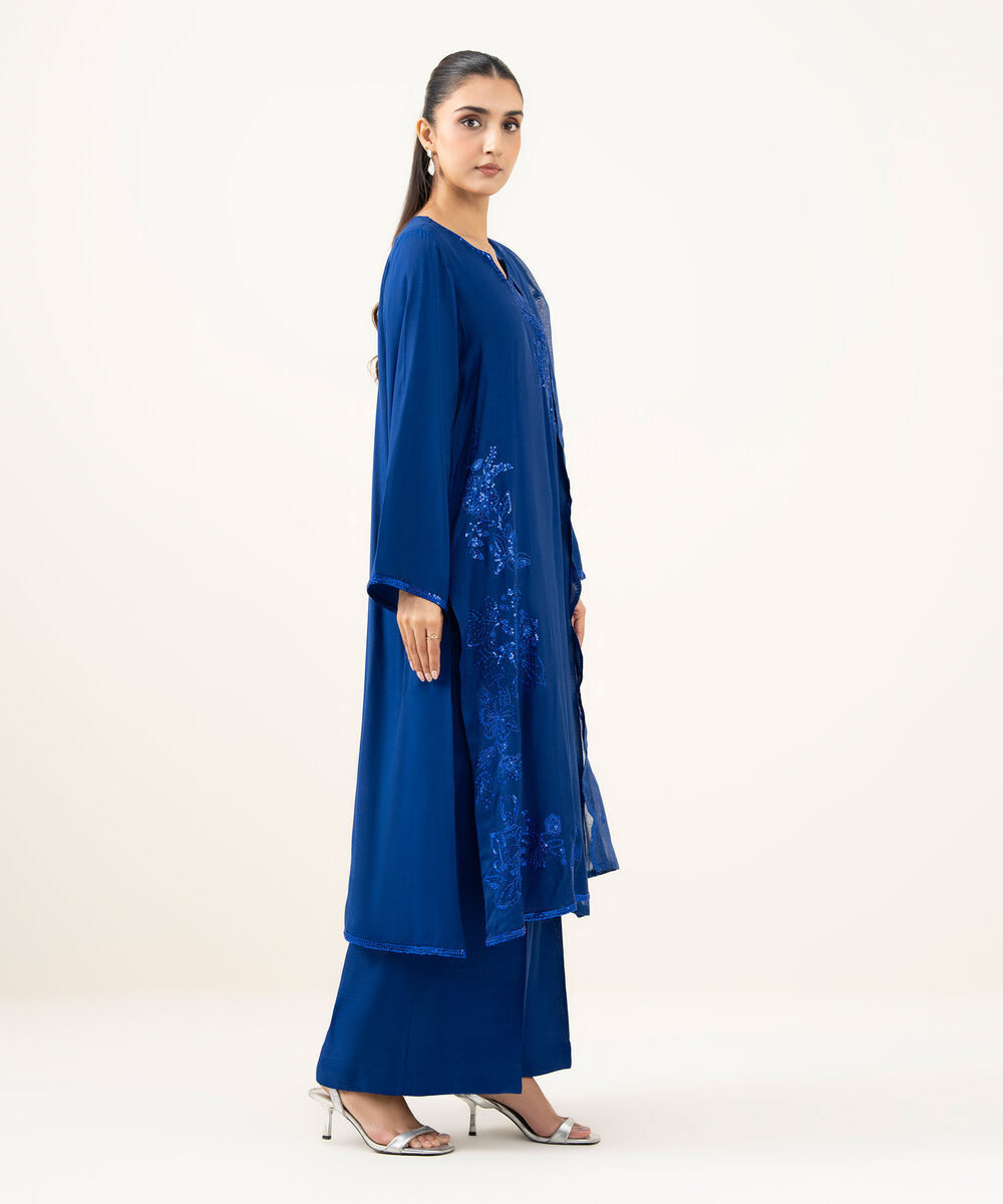 Women's RTW Viscose Raw Silk Blue Dyed Three Piece