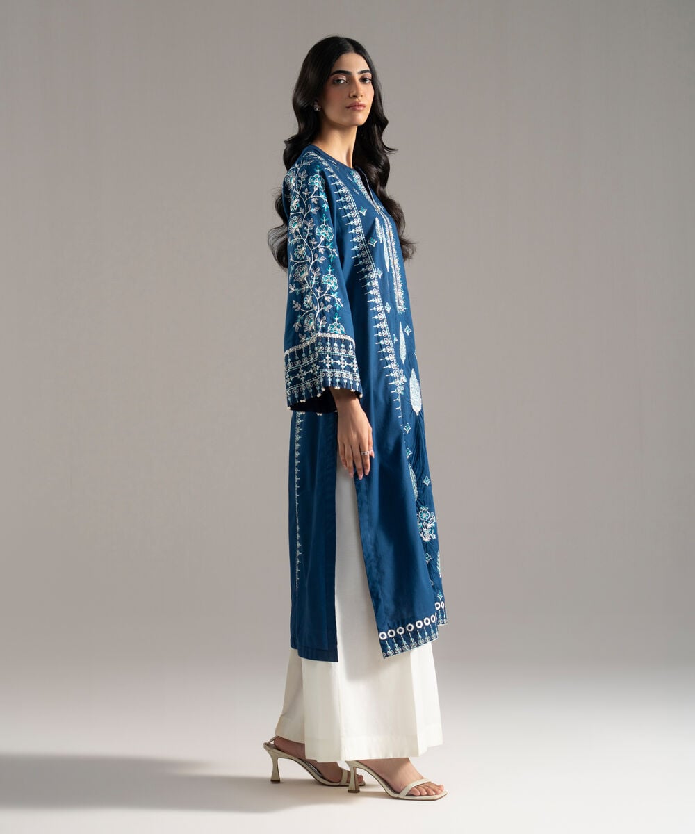 Women's RTW Solid Embroidered Cambric Blue A-Line Shirt