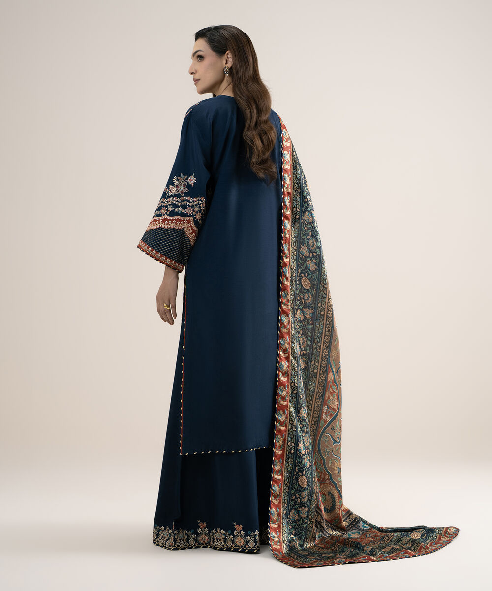 Women's Unstitched Embroidered Blended Raw Silk Blue 3 Piece Suit
