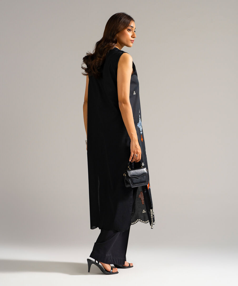 Women's RTW Dobby Embroidered Black Straight Shirt