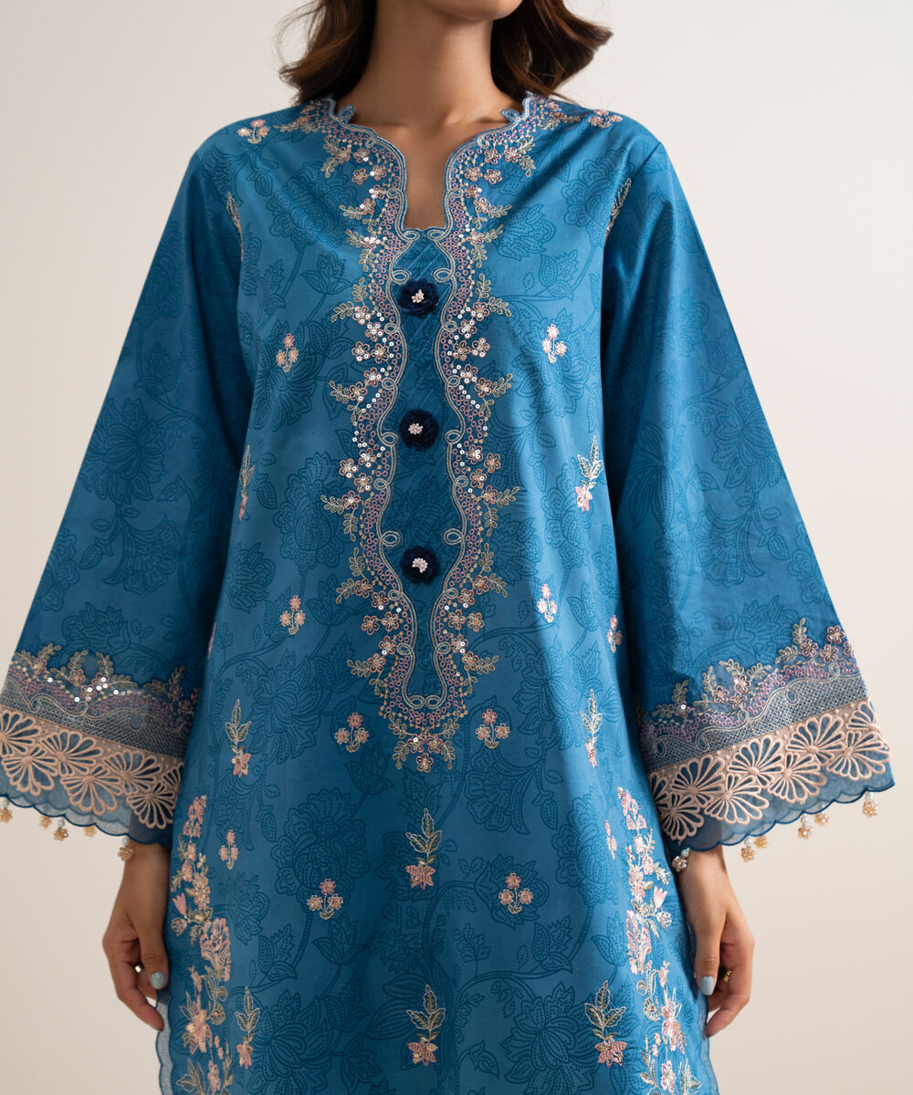 Women's Unstitched Lawn Embroidered Blue  3 Piece Suit