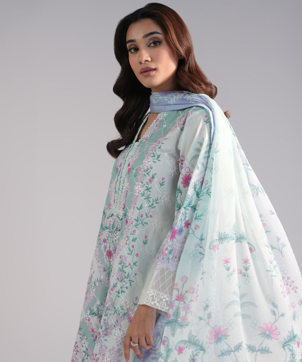 Women's RTW Lawn Embroidered Blue 3 Piece Suit