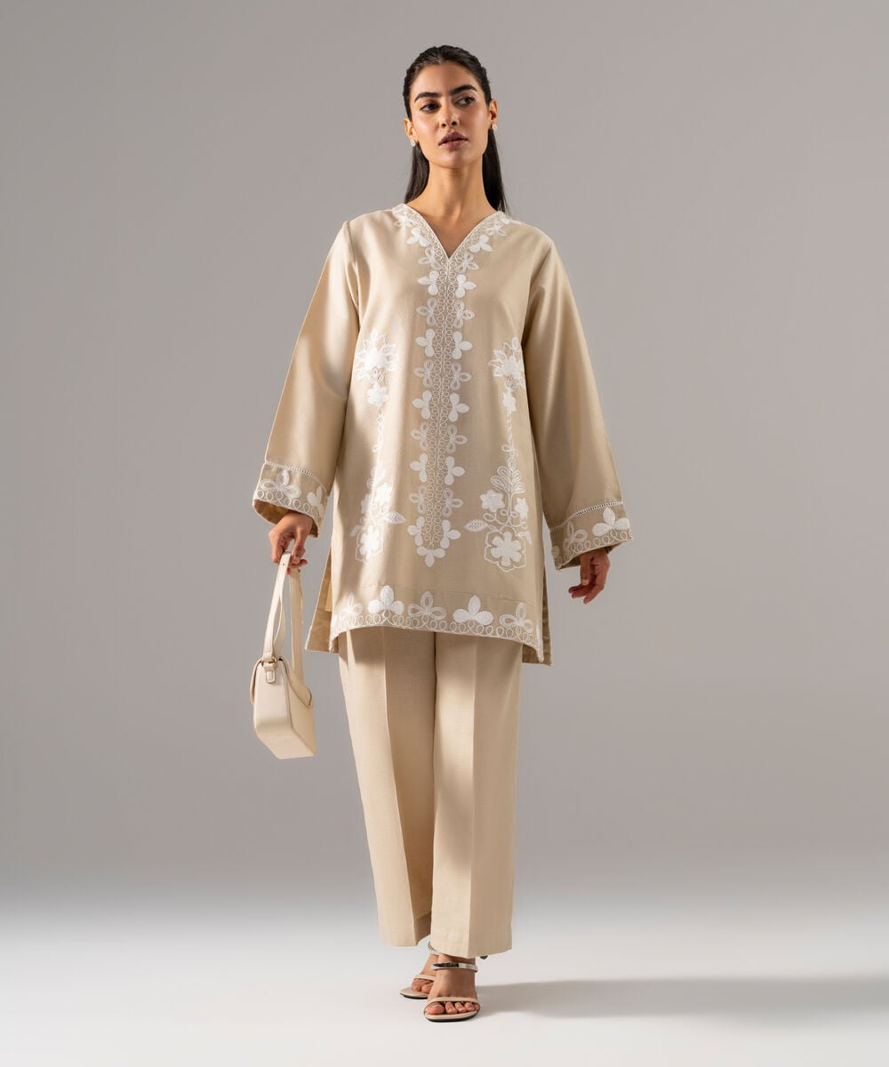 Women's RTW Cotton Linen Embroidered Sand 2 Piece Suit
