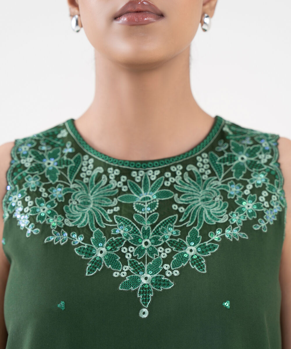 Women's Unstitched Linen Embroidered Green 3 Piece Suit