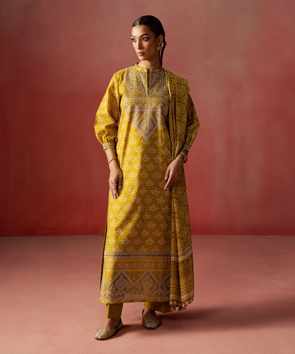 Women's Unstitched Lawn Embroidered Yellow 3 Piece Suit
