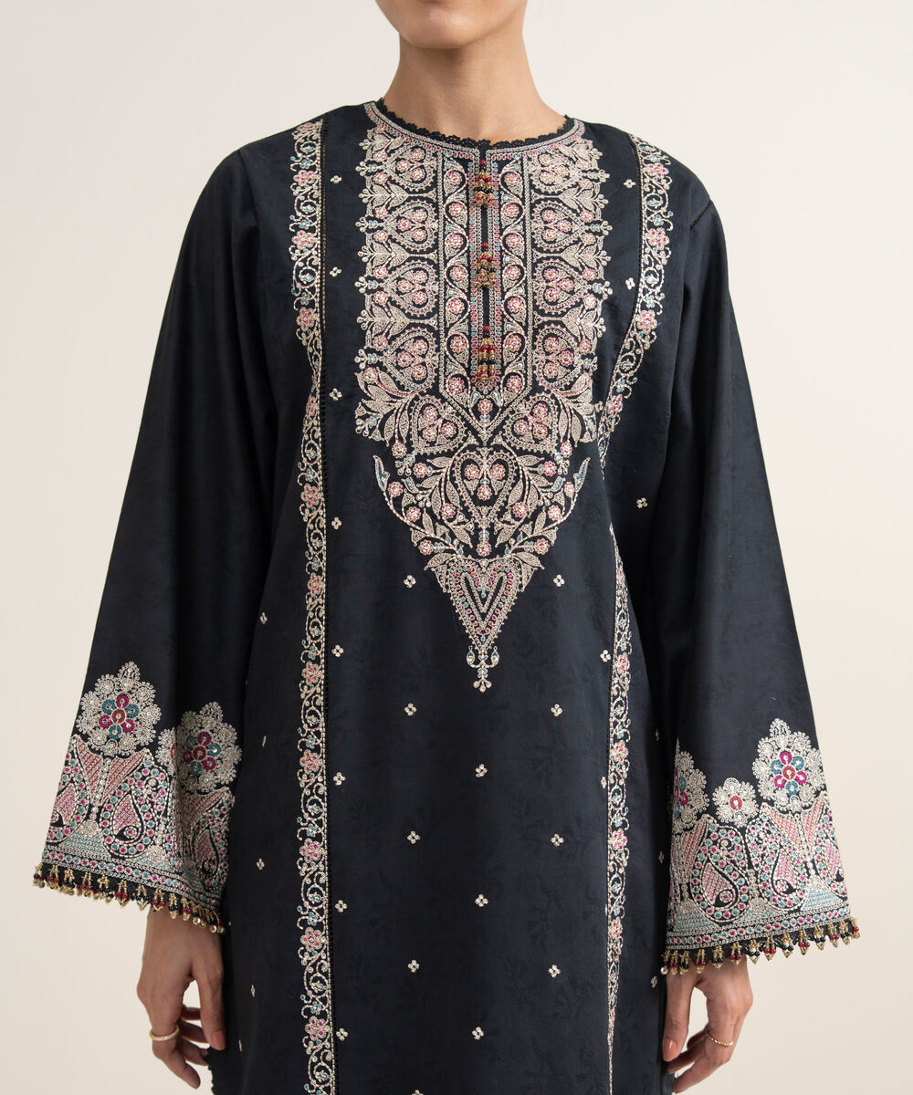 Women's Unstitched Cotton Jacquard Embroidered Black 3 Piece Suit