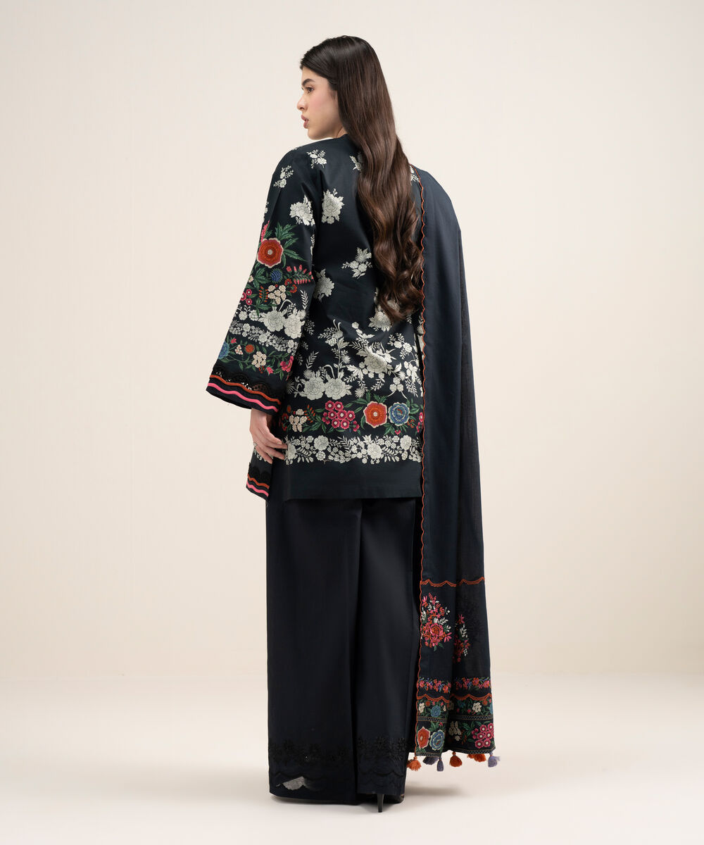 Women's Unstitched Lawn Embroidered Black  3 Piece Suit