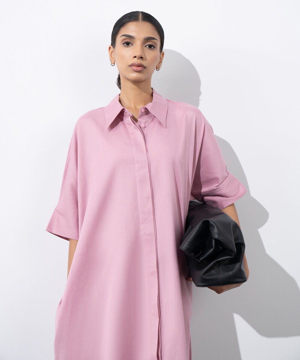 Women's Western Wear Pink Button-Through Linen Blend  Dress