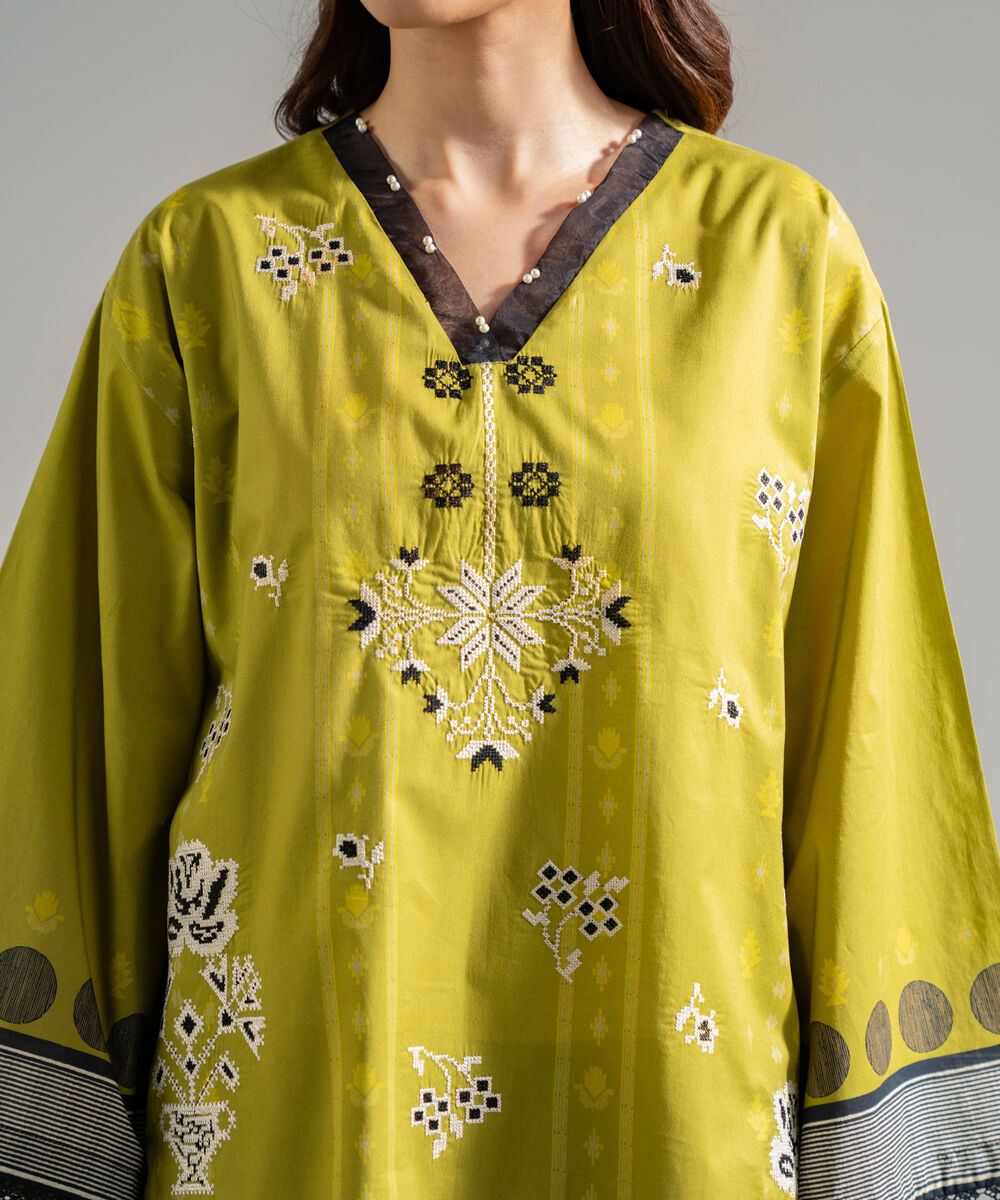 Women's RTW Lawn Embroidered Green Drop Shoulder Shirt