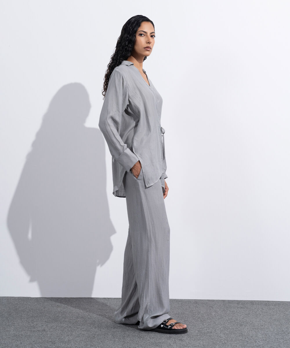 Women's Western Wear Grey Textured Wrap Around Shirt