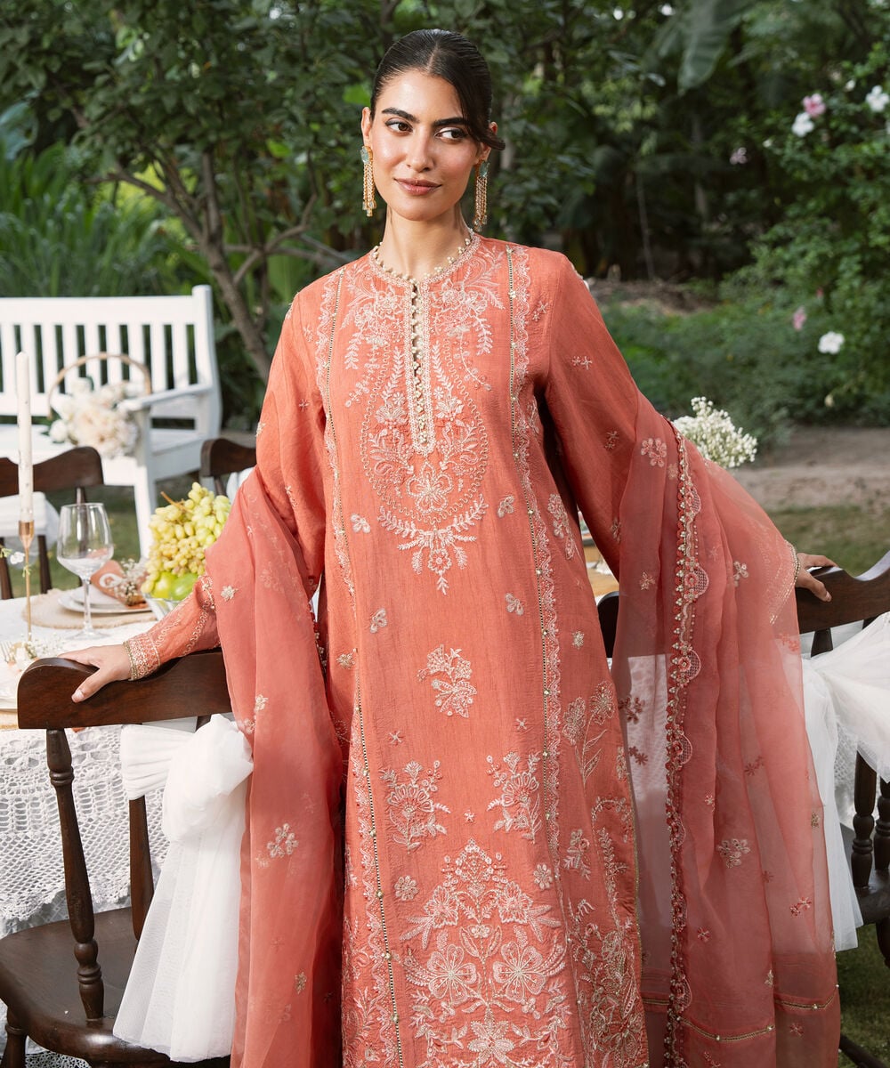 Womens Unstitched Viscose Raw Silk Embroidered Peach 3 Piece Suit