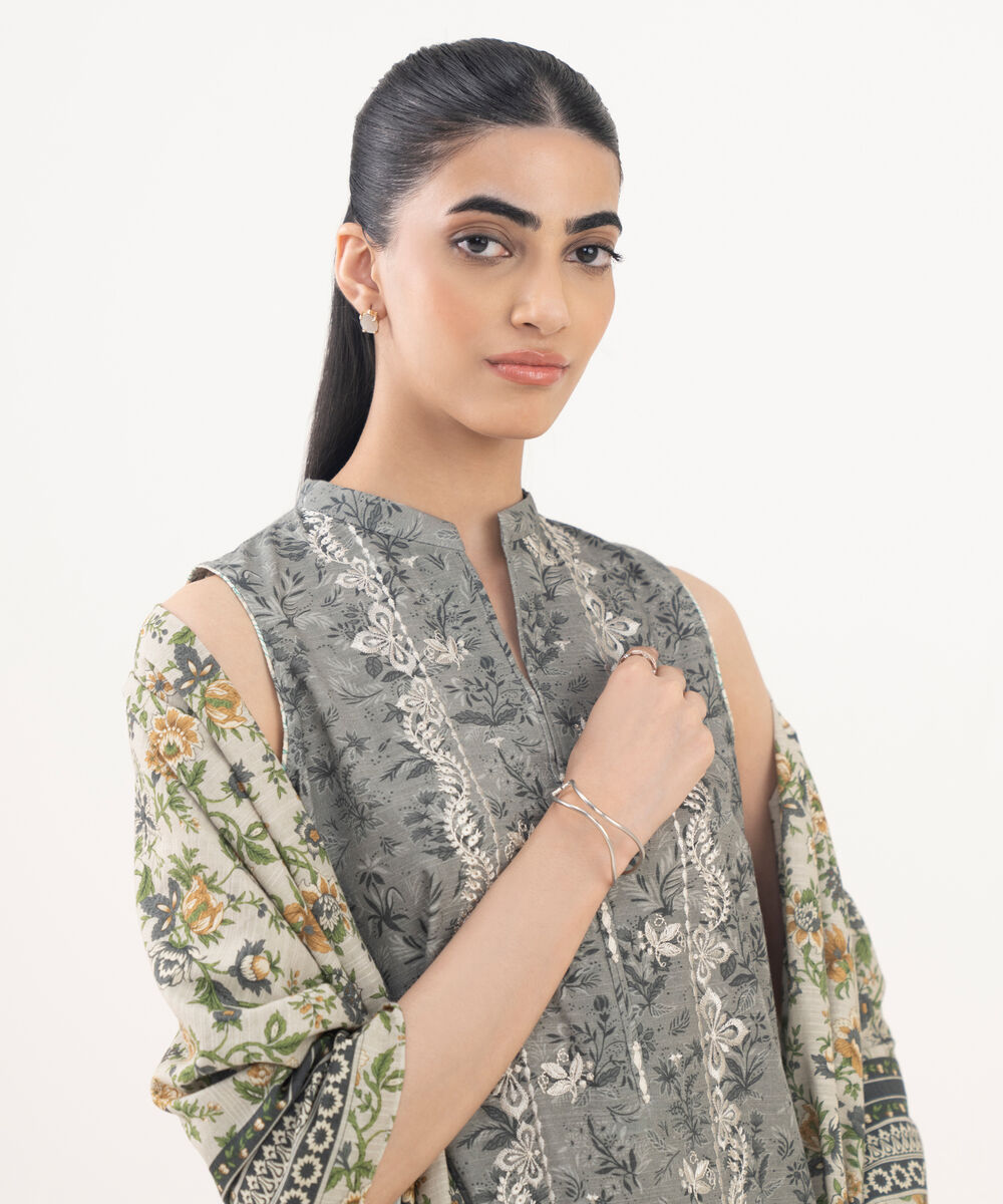 Women's Unstitched Cotton Embroidered Grey 2 Piece Suit