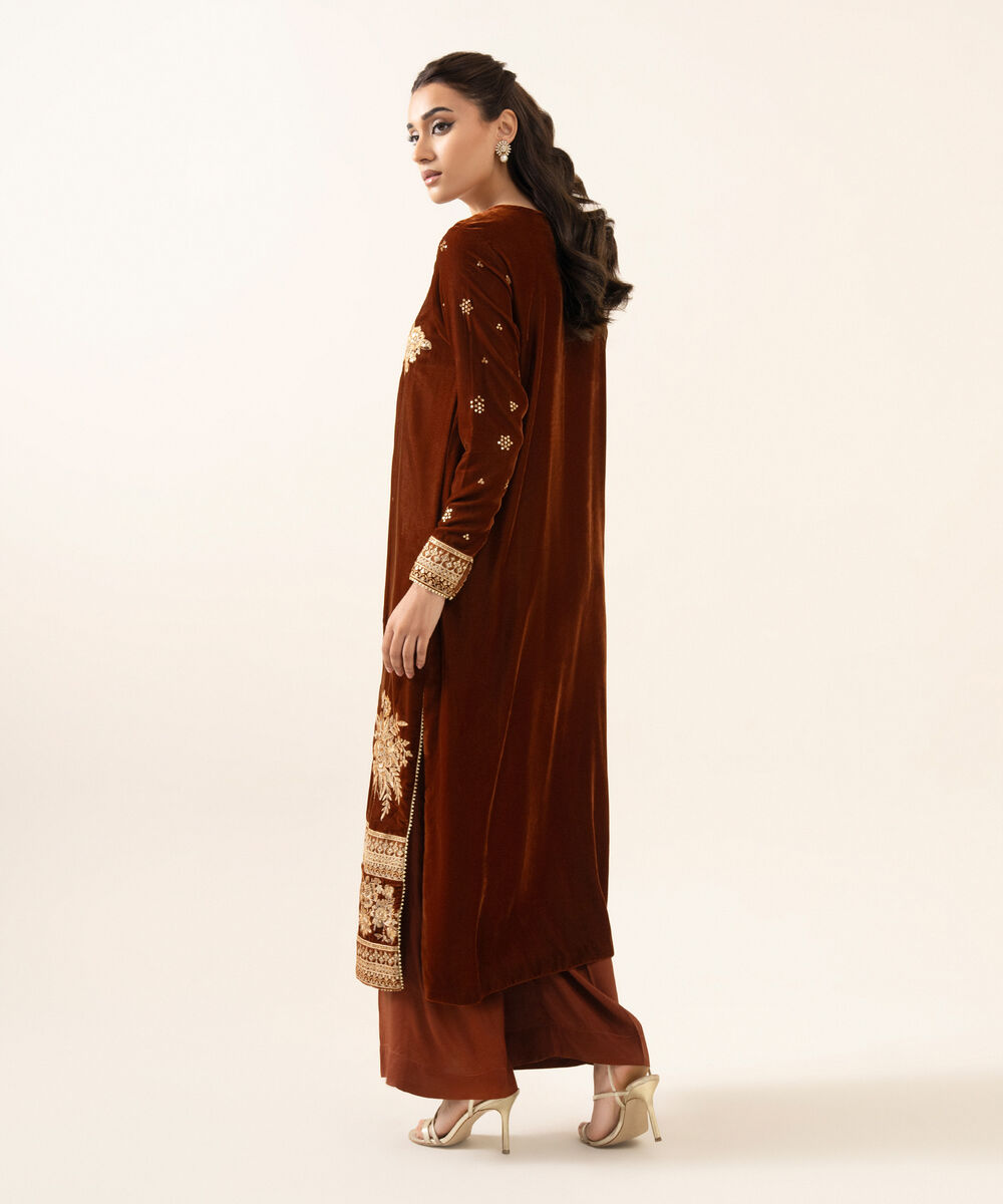 Women's RTW Velvet Embroidered Brown A-Line 2 Piece Suit