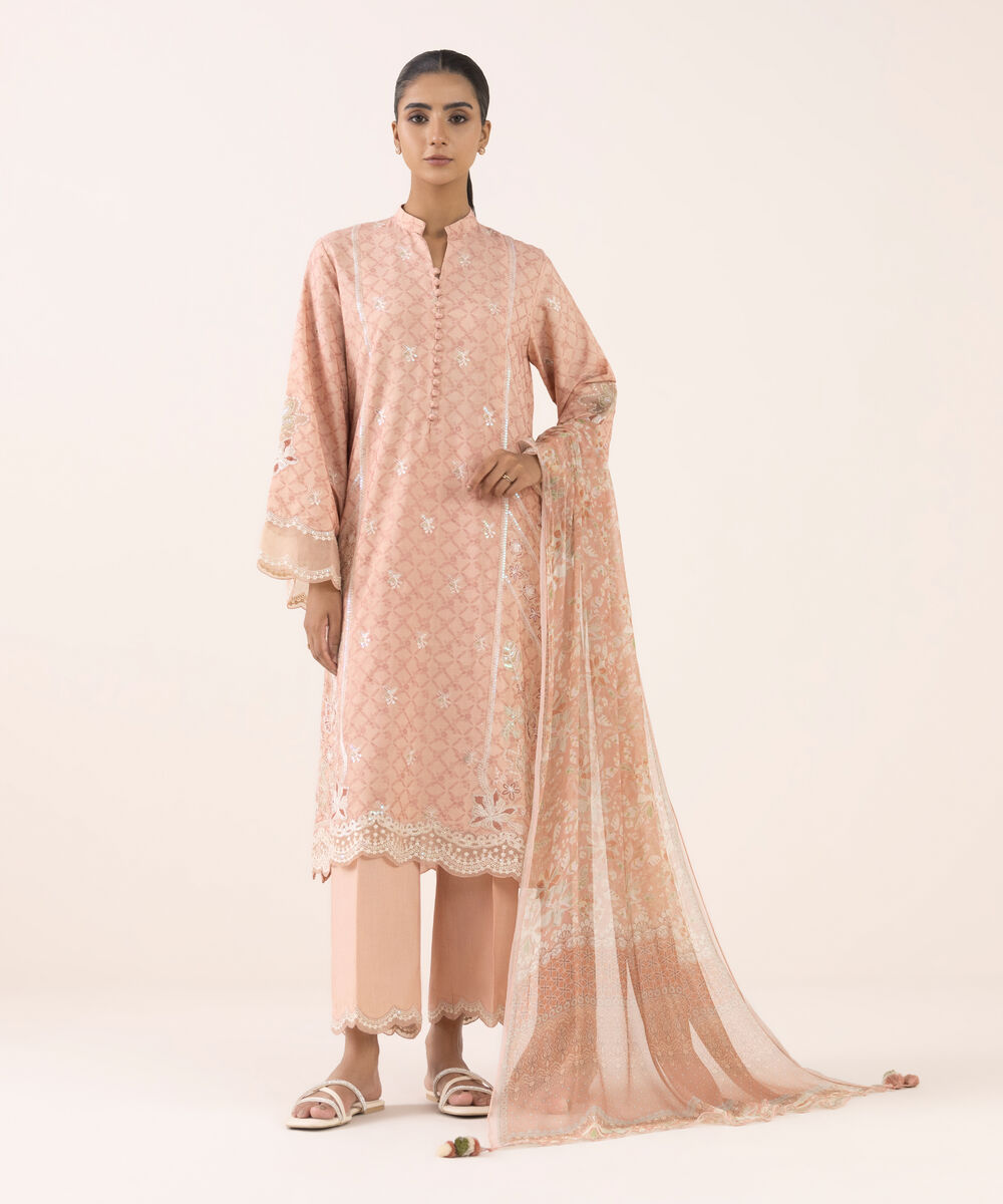 Women's Unstitched Linen Jacquard Dyed Three Piece Suit