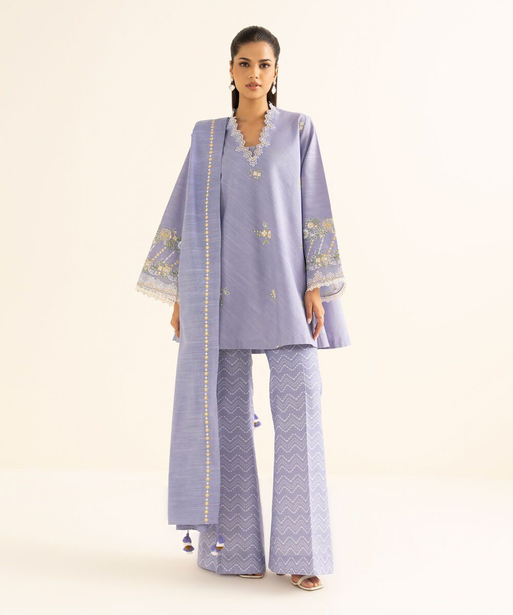 Women's Unstitched Cotton Embroidered Blue 3 Piece Suit
