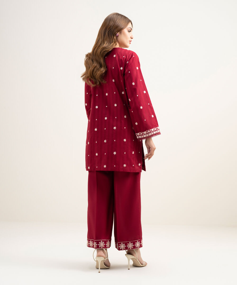 Women's RTW Dobby Embroidered Maroon 2 Piece Suit