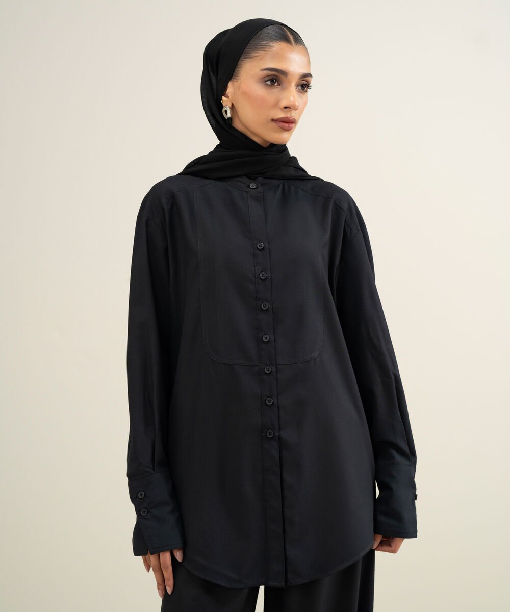 Women's Black Viscose Blend Button Down