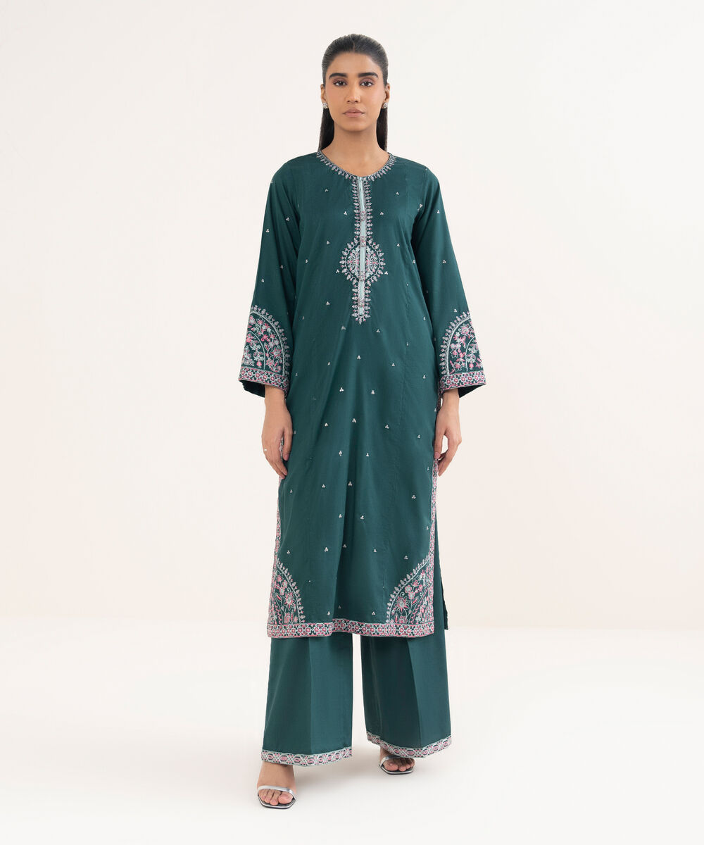 Women's RTW Cotton Viscose Embroidered Green A-Line Shirt