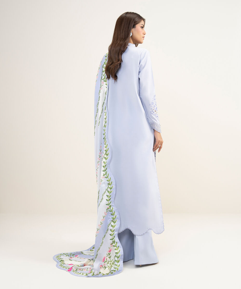 Women's Unstitched Textured Lawn Embroidered Blue 3 Piece Suit